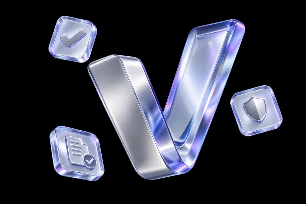 Vouch — a glass mark encircling proof, document, and shield tiles